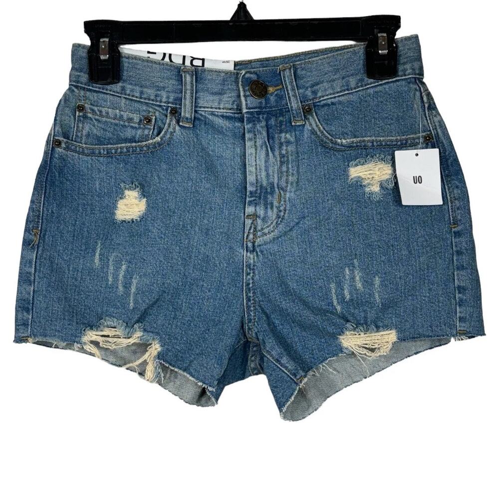 BDG UO SZ 25W Girlfriend Jean Shorts Hi-Rise Zip-Fly Distressed Frayed Hem Blue